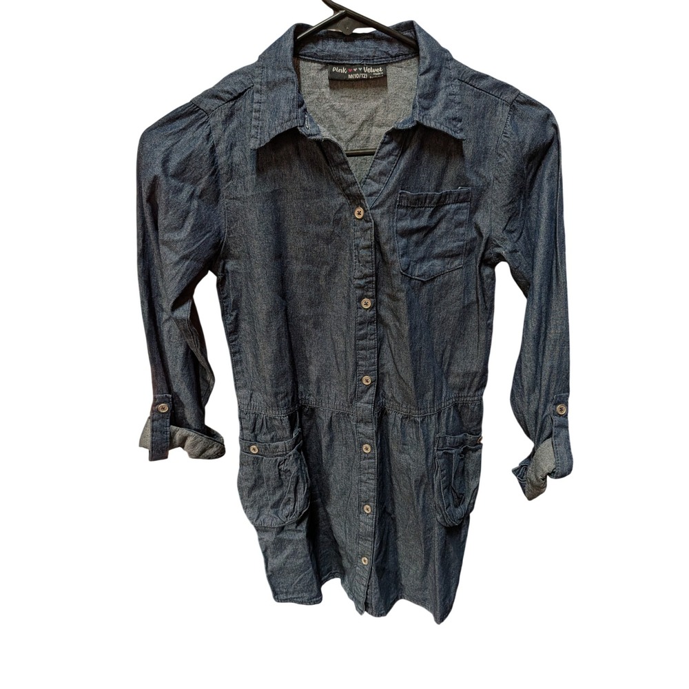 Pink Velvet Girls Dark Wash Denim Shirt Dress Size M 10/12 Button Down Chambray
